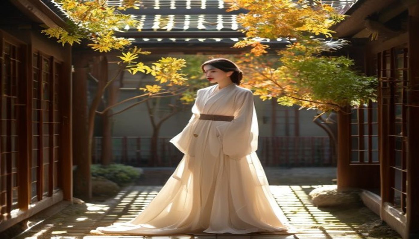 佐佐木希优雅站立于日式庭院中，身着白色和风礼服，阳光透过枫叶洒落，气质温婉大方，展现国民女神风采